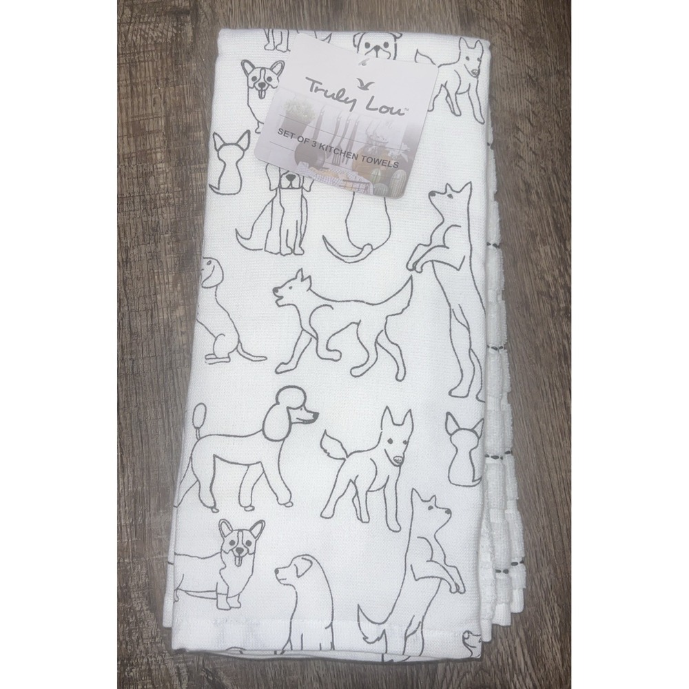 NEW TRULY LOU KITCHEN TOWELS (3) DOGS WHITE BLACK COTTON RAYON